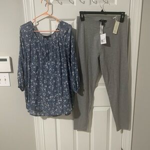 Floral Blue Blouse and Gray Leggings Set 2x new